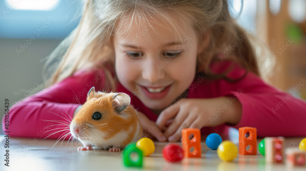 Smiling Girl Playing with Her Hamster and Toys Indoors Smiling Girl Playing with Her Hamster and Toys Indoors