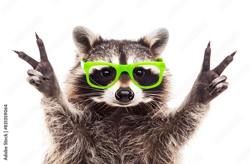 Funny raccoon in green glasses showing rock sign