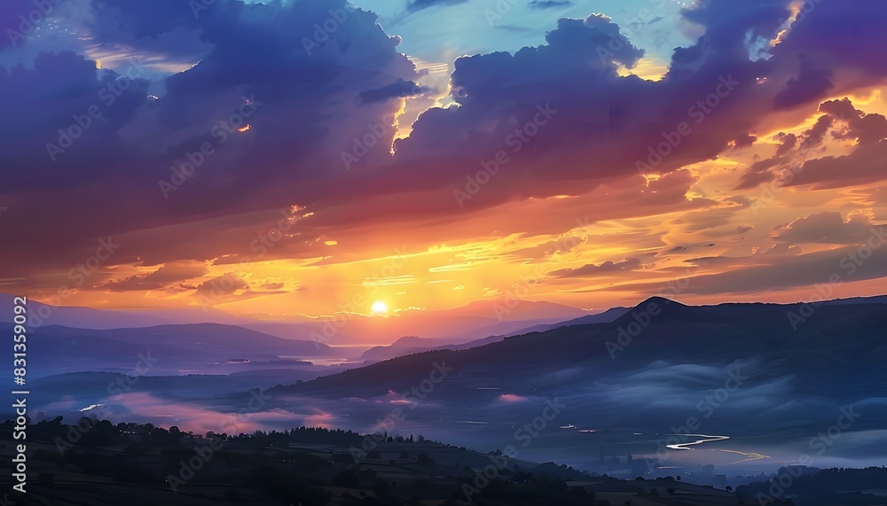 Fototapeta premium - Golden hour illuminates the rugged mountain landscape., Dramatic sky meets the majestic mountain silhouettes at sunset.