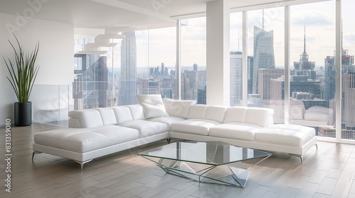 A modern living room featuring a minimalist white sectional sofa  a glass coffee table with geometric lines  and a floor-to-ceiling window showcasing a breathtaking cityscape. 
