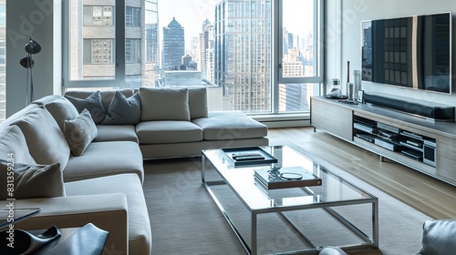 A modern living room featuring a statement sectional sofa  a glass coffee table with metal accents  a minimalist entertainment center  and a floor-to-ceiling window with a view