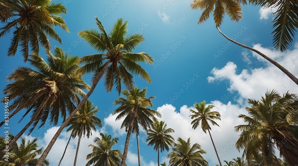 The perspective of Coconut palm plantation near the beach on the blue sky background.