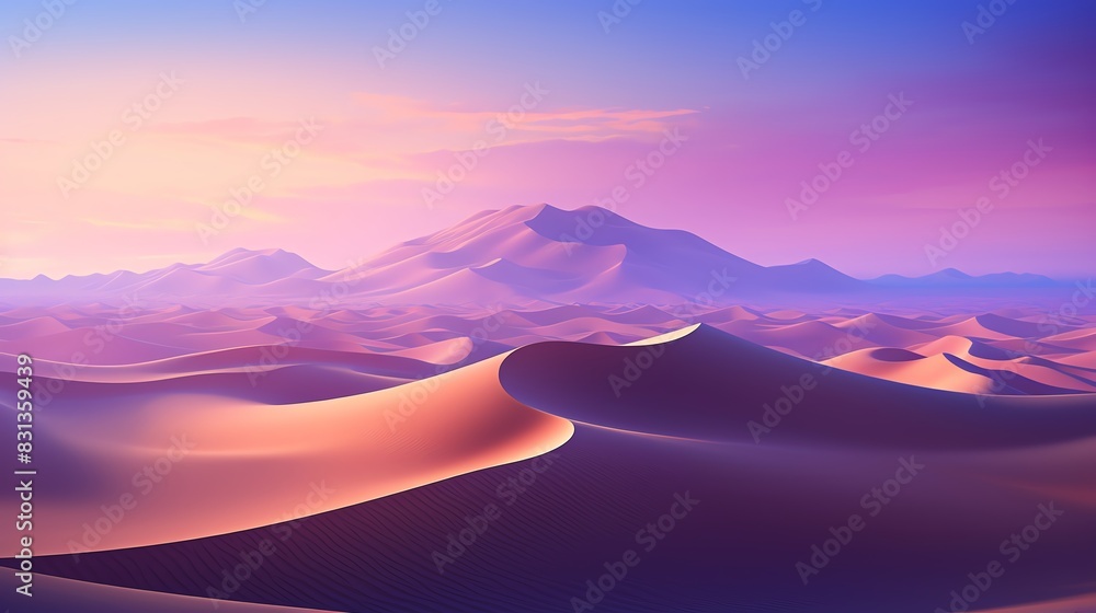 Stunning sunset over a vast desert landscape with rolling sand dunes and majestic mountains in the distance.