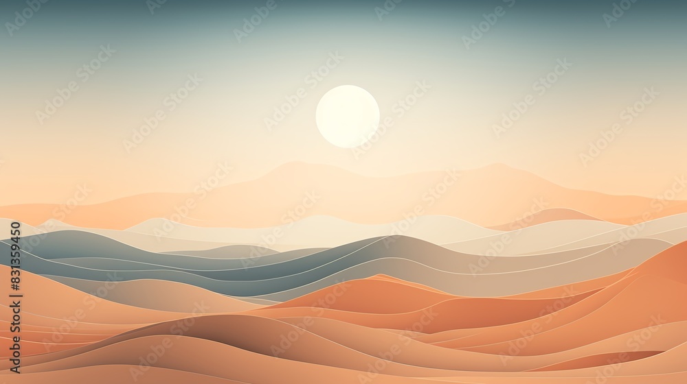 Minimalist illustration of a sun rising over rolling desert hills. Minimalist illustration of a sun rising over rolling desert hills.