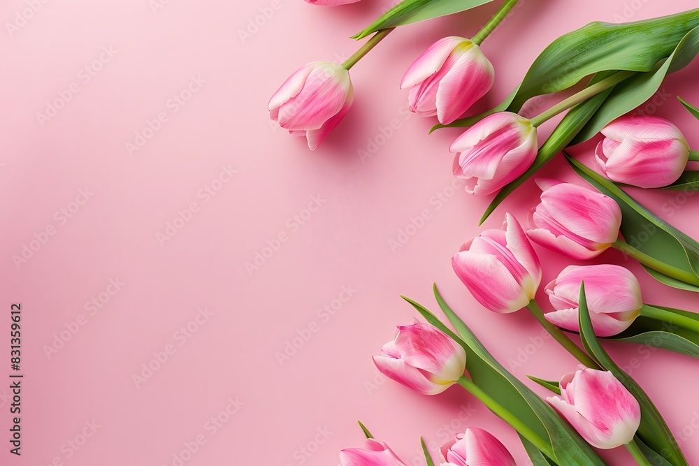Pink Tulips on Pastel Pink Background in Flat Lay Top View Pink Tulips on Pastel Pink Background in Flat Lay Top View
