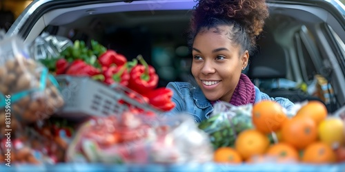 Woman loading groceries into car after shopping. Concept Grocery Shopping, Loading Car, Daily Errands, Woman’s Routine, Urban Lifestyle photo