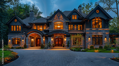 Custom-designed lighting highlighting architectural details  enhancing luxury home exteriors.