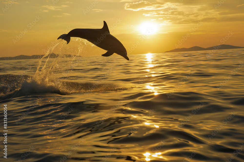 Fototapeta premium AI generated illustration of a dolphin leaping from the ocean with the setting sun behind