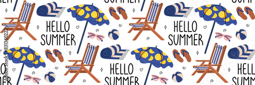 Hello summer pattern. Beach holiday elements. Background with sunbed, umbrella, towel and lettering.