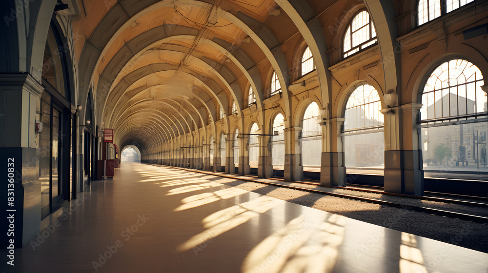 Obraz premium Grand Historic Hallway with Arched Ceilings and Warm Lighting