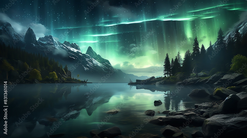 Aurora Borealis illuminating a mountain lake with a stunning reflection.