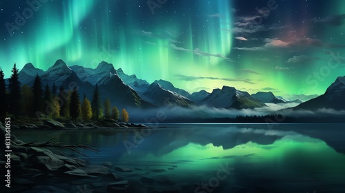 Vibrant green aurora borealis reflected in a still lake  surrounded by snow-capped mountains and a starry sky.