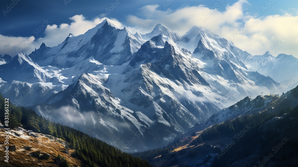 Majestic snow-capped mountain range with clouds and forest in the foreground. Majestic snow-capped mountain range with clouds and forest in the foreground.