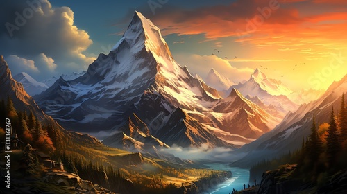 Majestic mountain range with snow-capped peaks at sunrise. #831361262