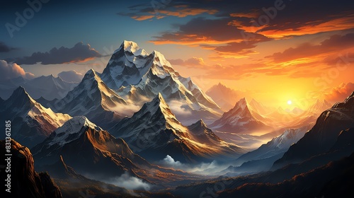 Majestic mountain range at sunset with snow-capped peaks and dramatic clouds. photo