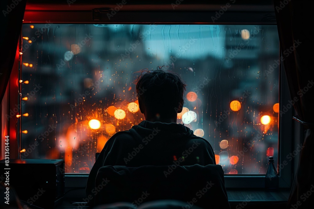 Fototapeta premium Giraffe looking out window city night