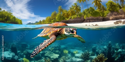 Hawksbill sea turtle Eretmochelys imbricata swims over Yap Island reef Micronesia. Concept Marine life, Hawksbill sea turtle, Yap Island, Micronesia, Underwater photography photo