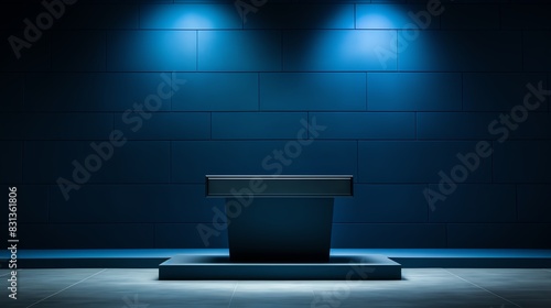 Minimalistic design of a speakers podium at a business seminar, spotlighted with a deep blue background representing unexplored markets photo