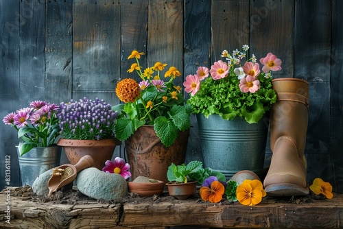 Various flowers potted on table photo