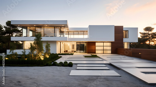 Modern House Exterior with Large Windows and Minimalist Design © bharath
