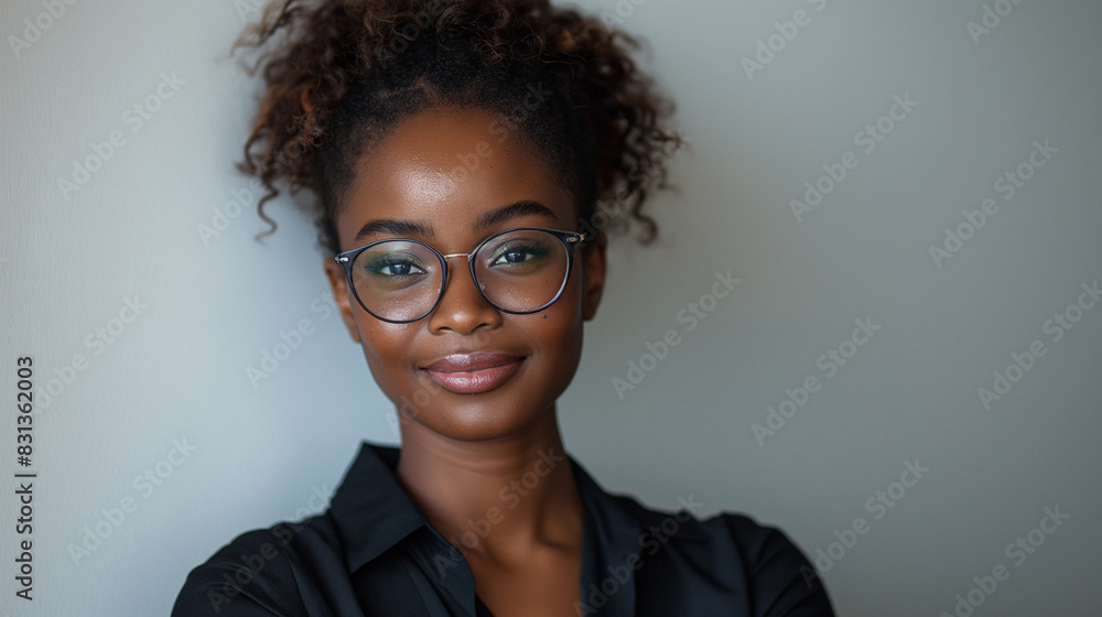 Young woman with curly hair and glasses smiling confidently in a black blouse Young woman with curly hair and glasses smiling confidently in a black blouse