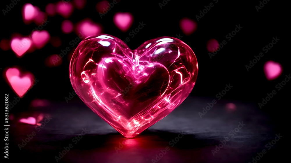 Fototapeta premium Pink heart glowing on black background. love. romance