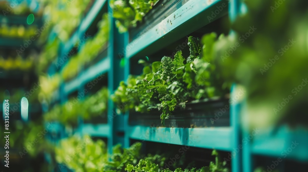 A row of green plants are displayed in blue containers A row of green plants are displayed in blue containers