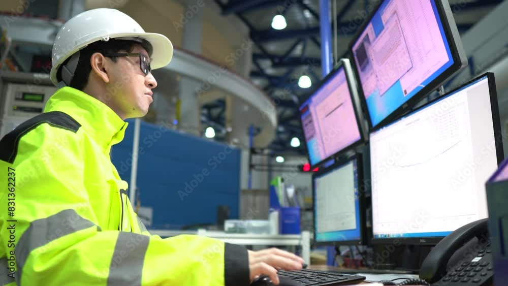 Computer Engineer Working in a Large Industrial Factory, Using Programming Software to Control Machinery and Develop Systems for Automation and Efficiency Improvement,work at server Computer Engineer Working in a Large Industrial Factory, Using Programming Software to Control Machinery and Develop Systems for Automation and Efficiency Improvement,work at server