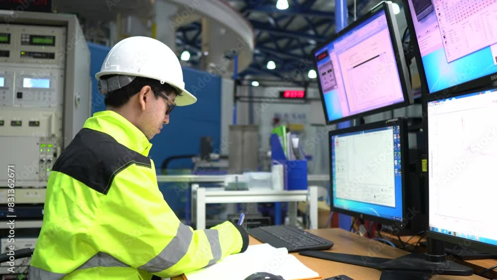 Computer Engineer Working in a Large Industrial Factory, Using Programming Software to Control Machinery and Develop Systems for Automation and Efficiency Improvement,work at server Computer Engineer Working in a Large Industrial Factory, Using Programming Software to Control Machinery and Develop Systems for Automation and Efficiency Improvement,work at server