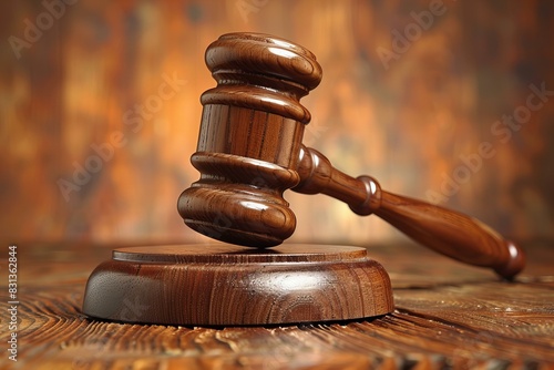 A wooden gavel on a table with a wooden background photo