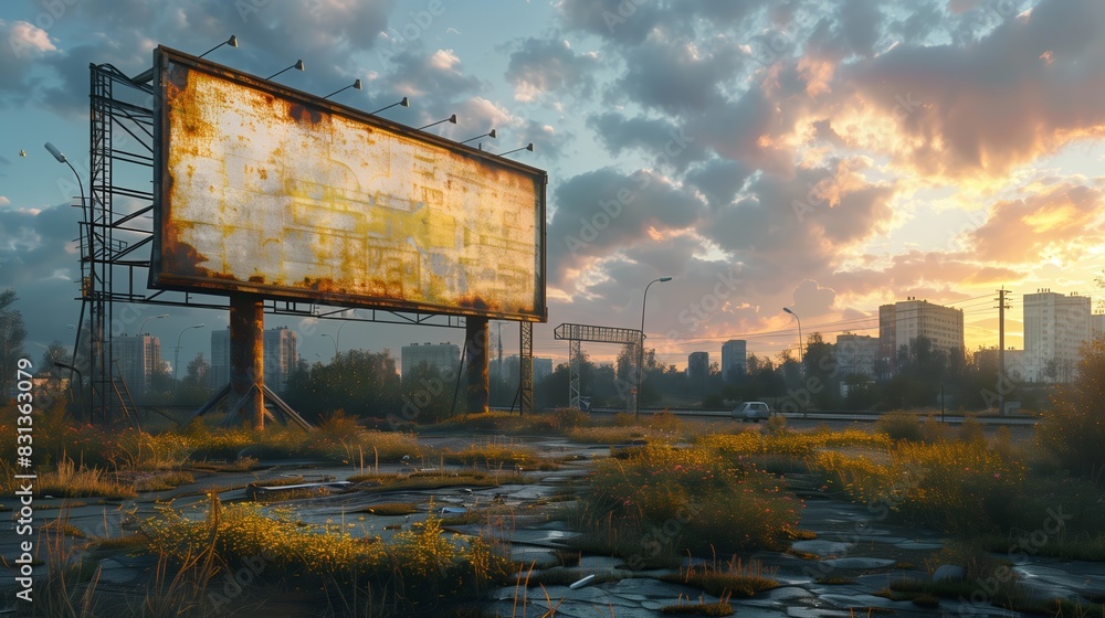 Rusty Billboard Overlooking Abandoned Urban Area During Cloudy Sunset Rusty Billboard Overlooking Abandoned Urban Area During Cloudy Sunset