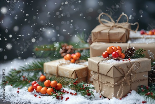 Three gifts on snowy ground