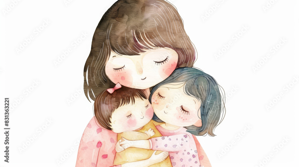 Mother hugging her daughter, watercolor illustration Mother hugging her daughter, watercolor illustration