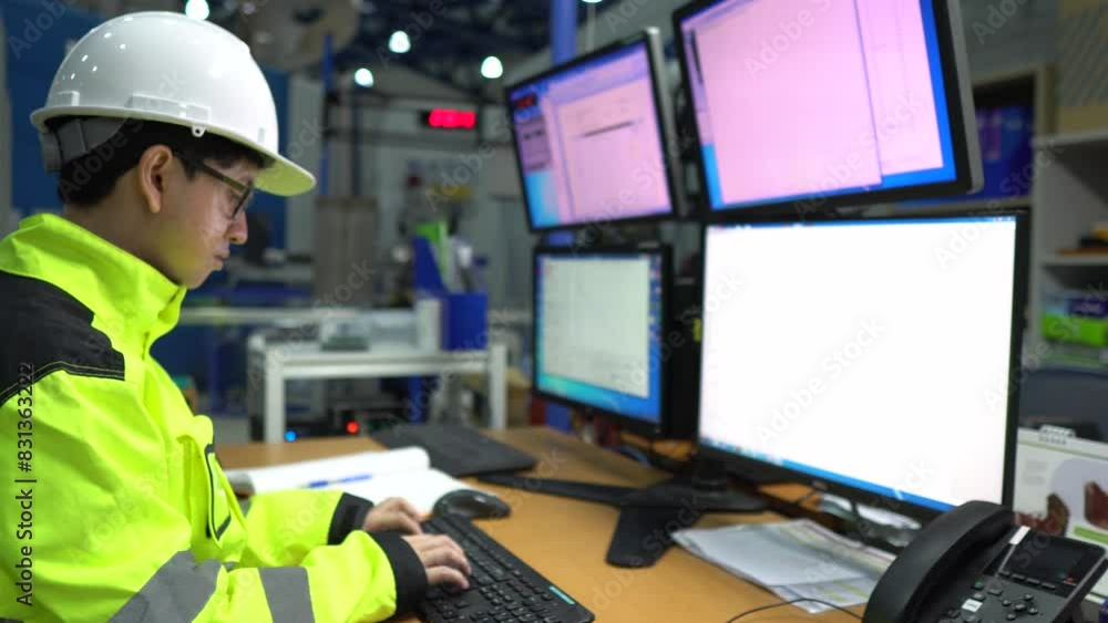 Computer Engineer Working in a Large Industrial Factory, Using Programming Software to Control Machinery and Develop Systems for Automation and Efficiency Improvement,work at server Computer Engineer Working in a Large Industrial Factory, Using Programming Software to Control Machinery and Develop Systems for Automation and Efficiency Improvement,work at server