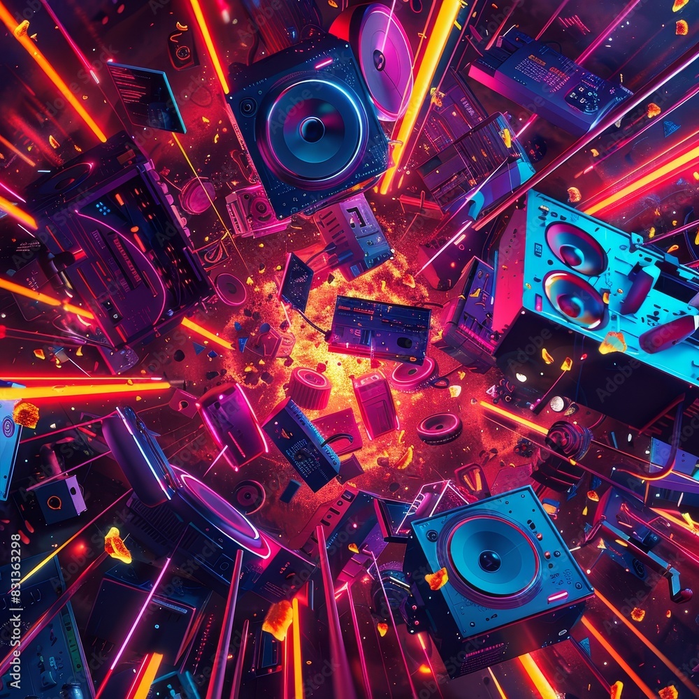 A futuristic cyberpunk illustration of a speaker explosion, with neon-lit fragments and electronic components scattering in a high-tech environment Neon theme, vibrant colors A futuristic cyberpunk illustration of a speaker explosion, with neon-lit fragments and electronic components scattering in a high-tech environment Neon theme, vibrant colors