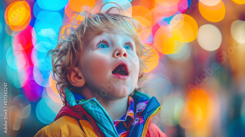 A young boy in a colorful outfit looks surprised and thrilled, set against a vibrant backdrop of abstract technology lights