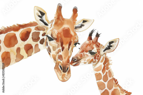Mother giraffe and baby cuddling, safari animal watercolor illustration