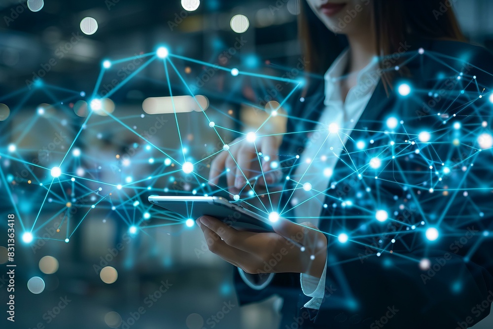Woman using cell phone with network of dots Woman using cell phone with network of dots