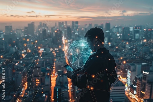 Man holding globe with city in background