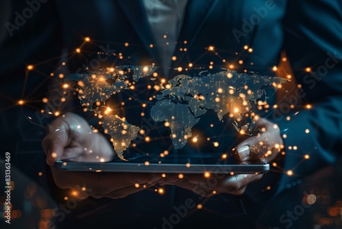 Person holding tablet with world map