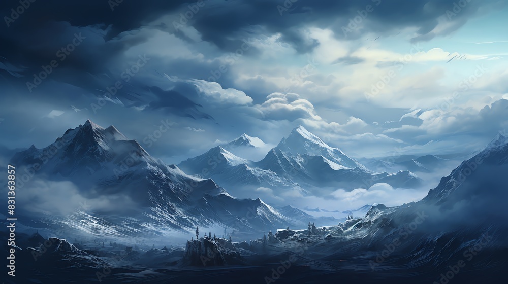 Dramatic mountain range with snow-capped peaks and clouds, landscape painting. Dramatic mountain range with snow-capped peaks and clouds, landscape painting.