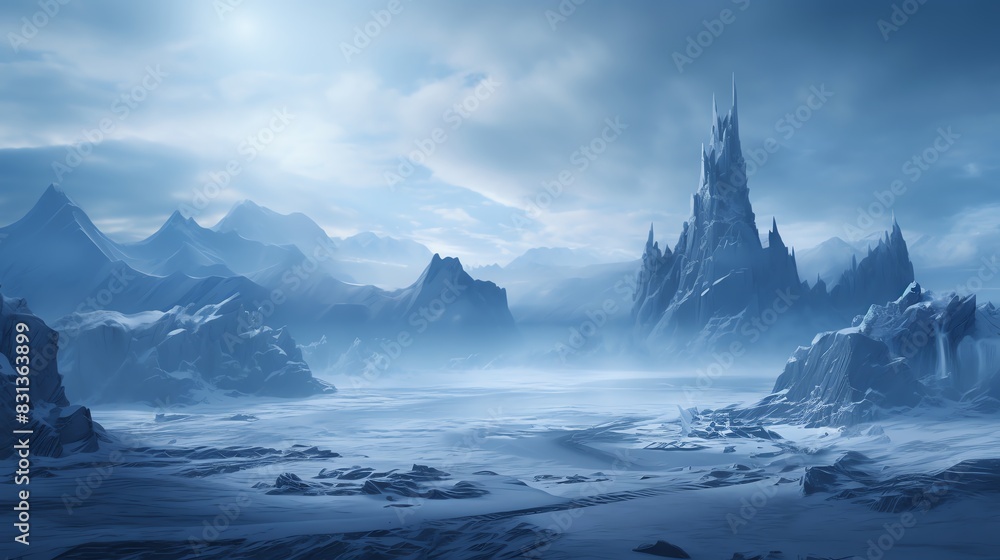 Snowy mountain range with a tall icy tower in the background