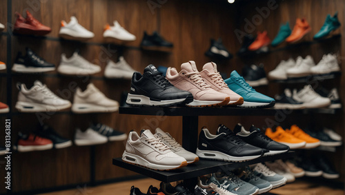 glamorous shoes boots heels sneakers in fashion store shelves, Generative AI