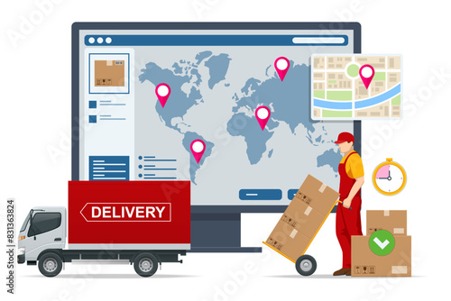 International supply, distribution, warehouse, transportation delivery network. Import and export. Isometric Logistics and Delivery concept. Delivery home and office. City logistics.