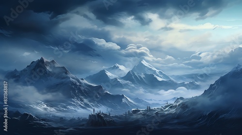 Dramatic mountain range with snow-capped peaks and clouds, landscape painting. photo