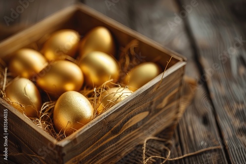 A wooden box full of golden eggs