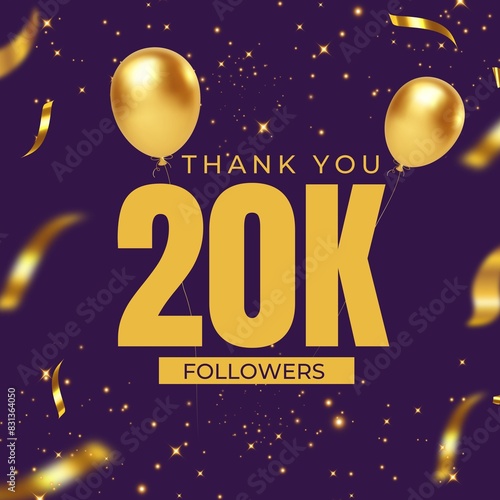Thank You friends and fans for 20K Followers banner design with golden confetti and gold balloons and purple background