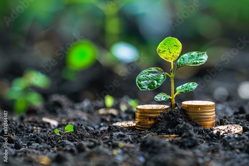 Plant sprouting from pile of coins