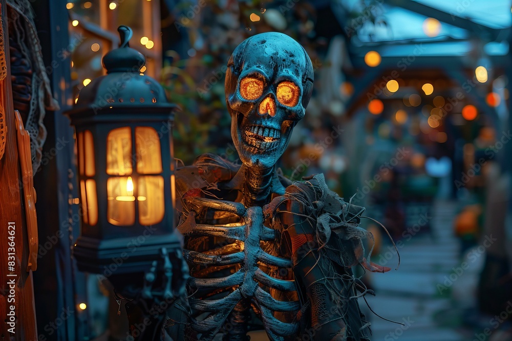 Skeleton with glowing eyes holding a lantern in front of a house Skeleton with glowing eyes holding a lantern in front of a house