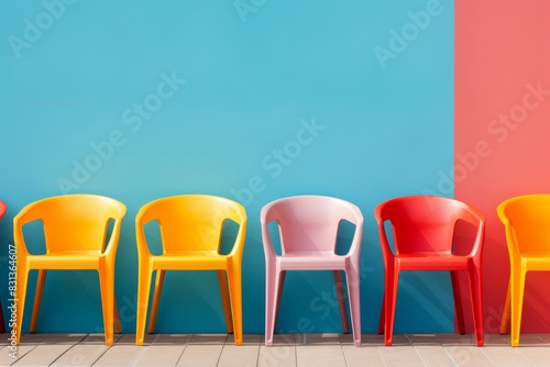 Vivid plastic chairs arranged against a stylish blue wall in a modern interior setting